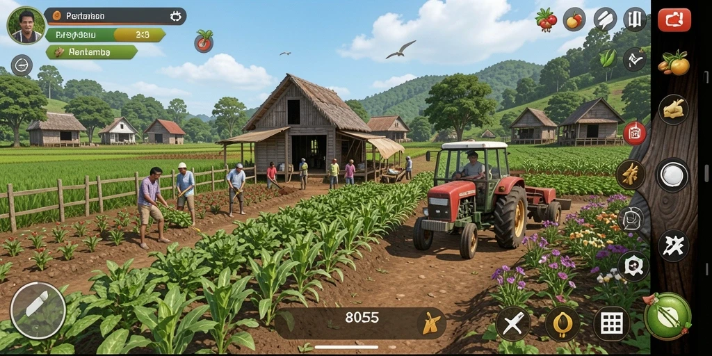 Tangkapan layar gameplay 8055 saat bertani di ladang.