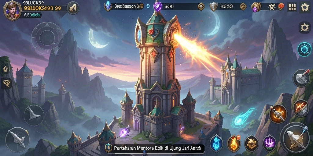 Screenshot menampilkan aksi menara mempertahankan serangan musuh.