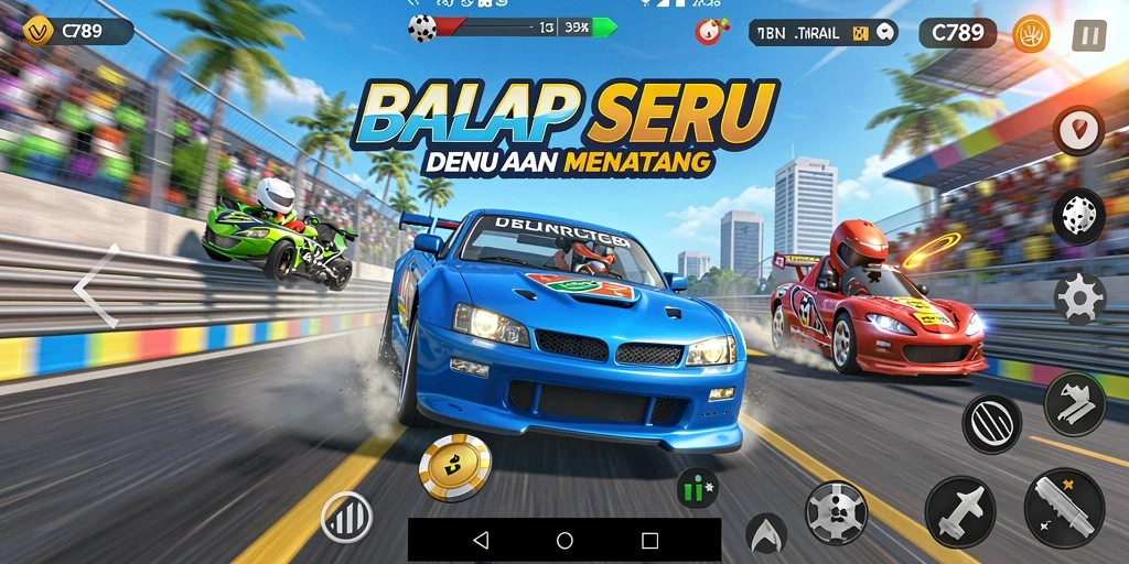 Screenshot C789 menampilkan tindakan balap seru dengan mobil dan trek yang menakjubkan.