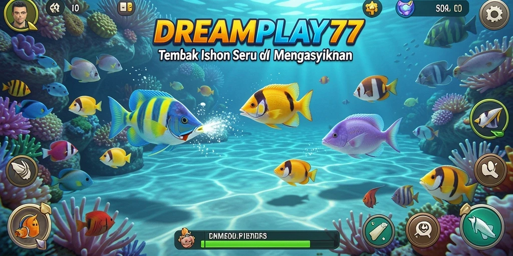 Screenshot utama DREAMPLAY77 menampilkan aksi seru dalam permainan Tembak Ikan.