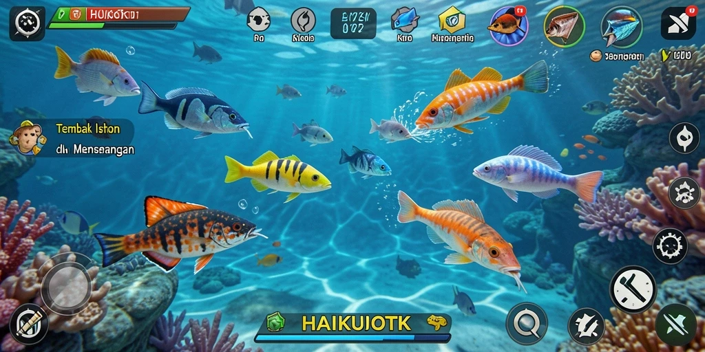 Tangkapan layar HAIKUOTK menampilkan aksi seru dalam permainan Tembak Ikan.