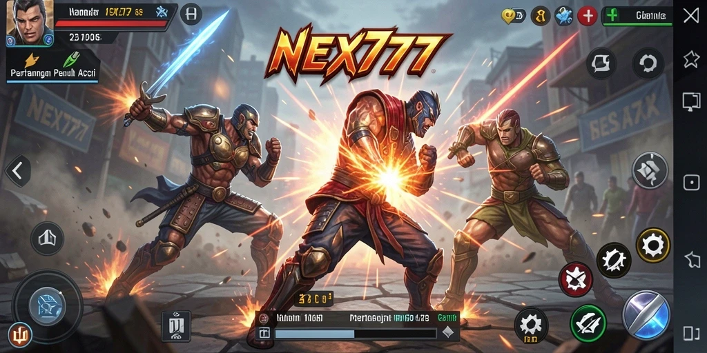 Tangkapan layar NEX777 menampilkan pertarungan penuh aksi antara dua karakter.