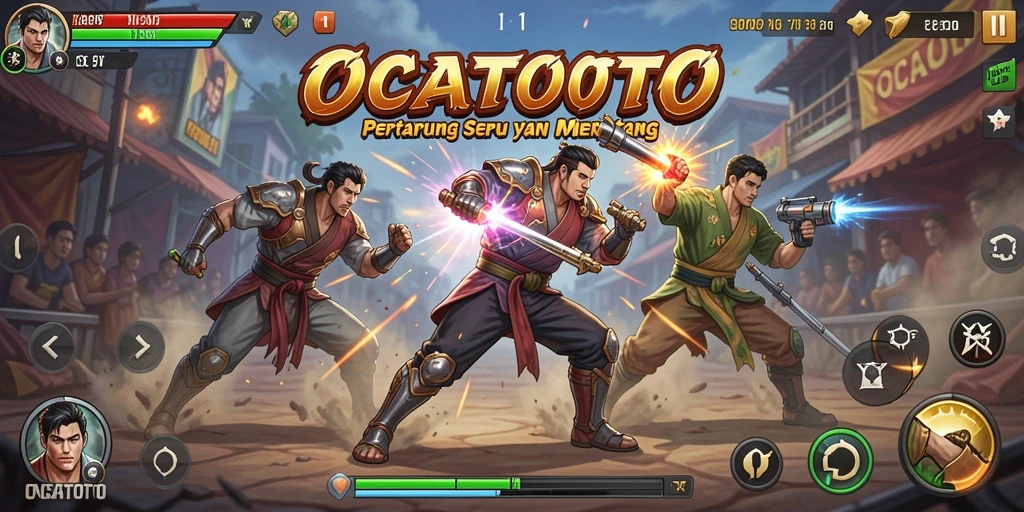 Screenshot gameplay OCATOTO menunjukkan pertarungan yang epik dan karakter yang dinamis.