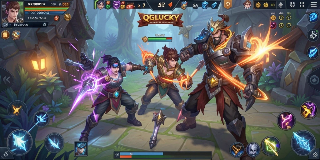 Tampilan gameplay seru dalam QGLUCKY saat bertarung di arena MOBA.