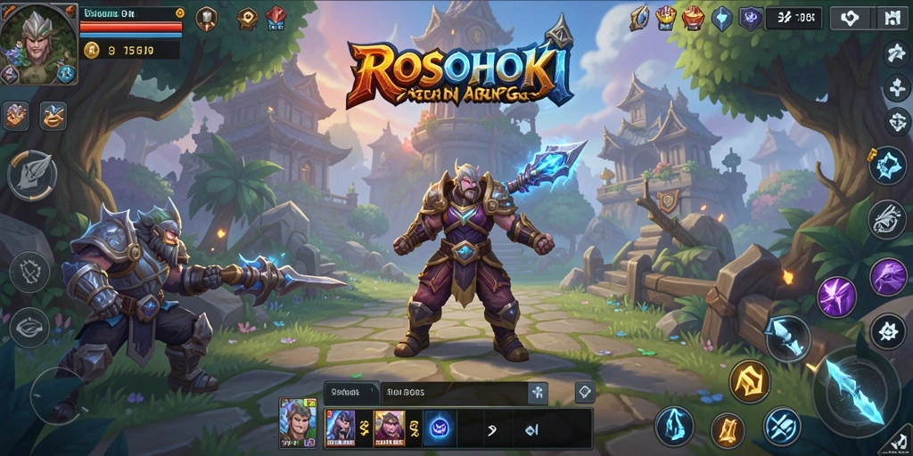 Tangkapan layar gameplay ROSOHOKI menampilkan pertarungan epik di dunia fantasi.