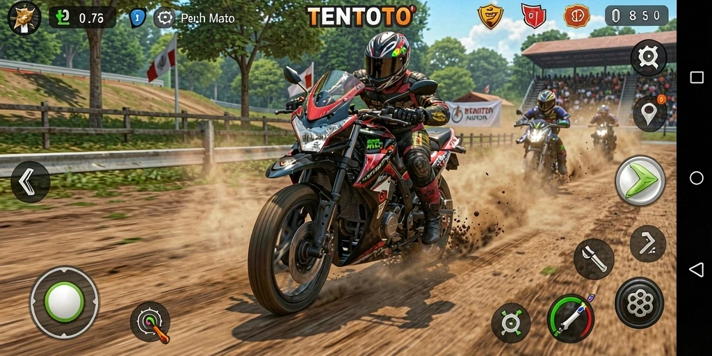 Gameplay TENTOTO yang intens dalam balapan motor.